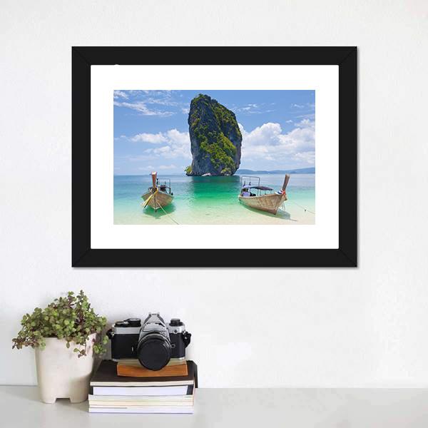 Cliff And Boats Thailand Canvas Wall Art-3 Horizontal-Gallery Wrap-25" x 16"-Tiaracle