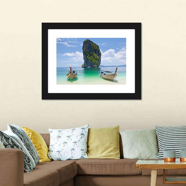 Cliff And Boats Thailand Canvas Wall Art-1 Piece-Framed Print-20" x 16"-Tiaracle