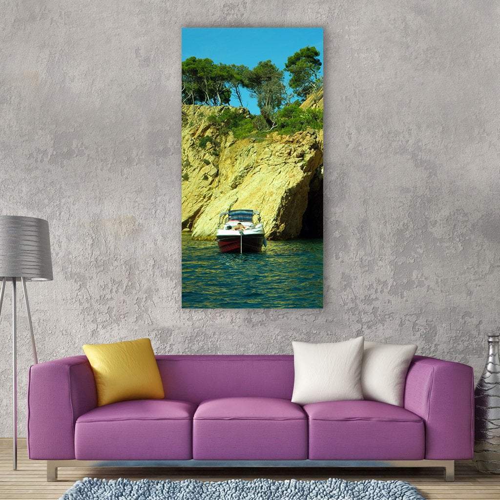 Cliff Holes Cave With Boat On Beach Vertical Canvas Wall Art-1 Vertical-Gallery Wrap-12" x 24"-Tiaracle