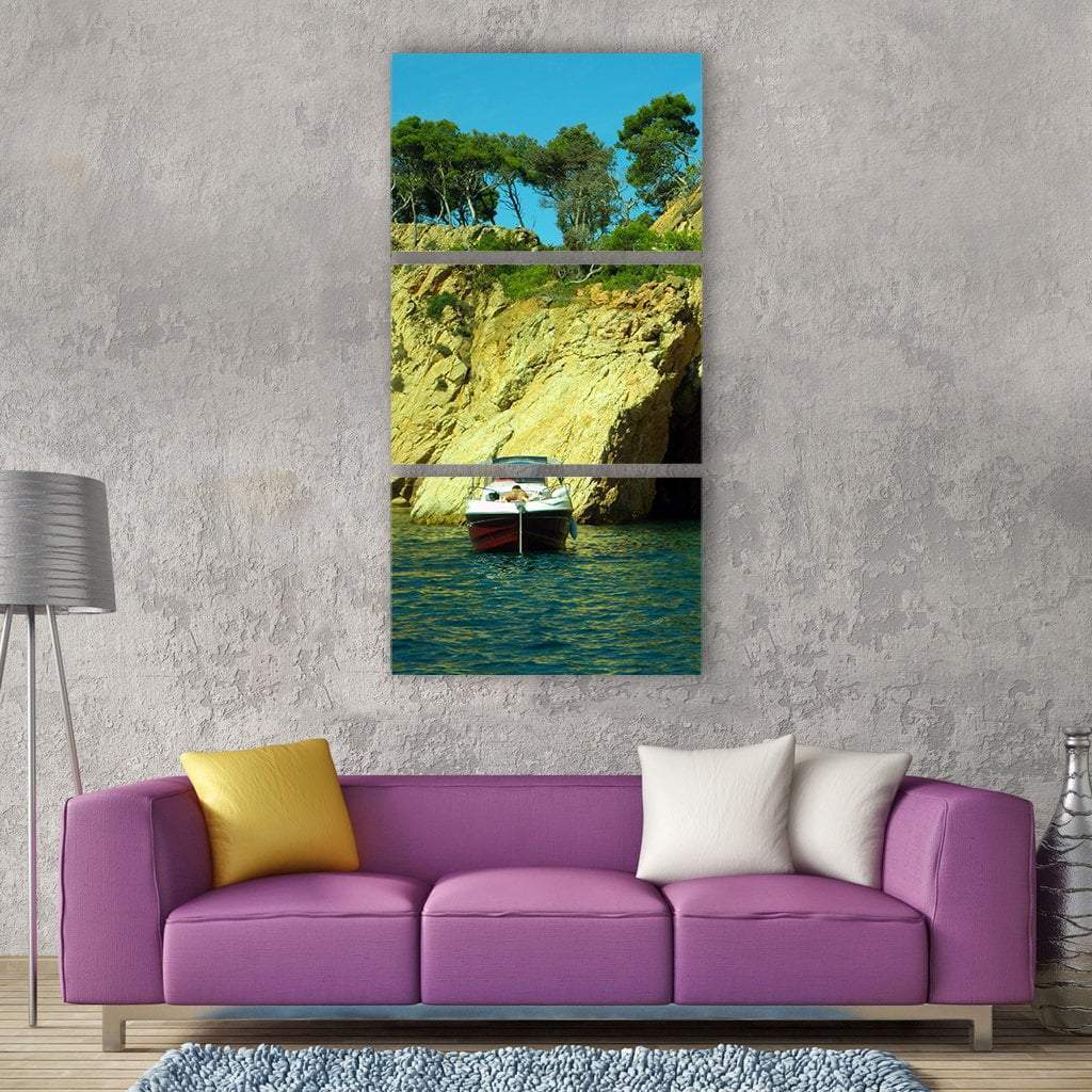 Cliff Holes Cave With Boat On Beach Vertical Canvas Wall Art-3 Vertical-Gallery Wrap-12" x 25"-Tiaracle