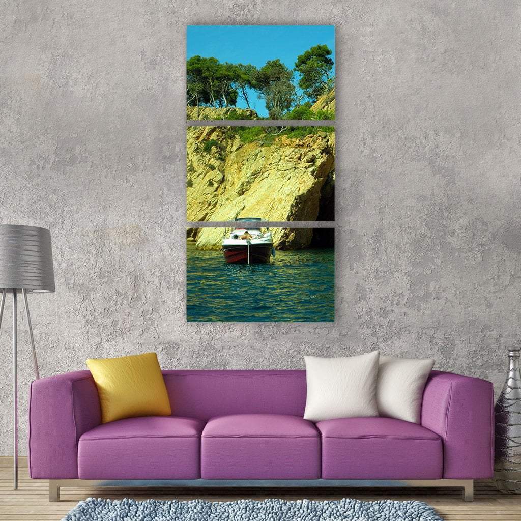 Cliff Holes Cave With Boat On Beach Vertical Canvas Wall Art-1 Vertical-Gallery Wrap-12" x 24"-Tiaracle