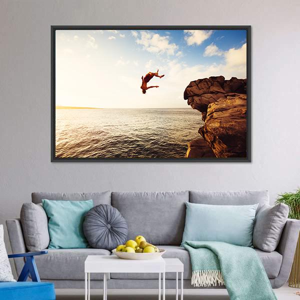 Cliff Jumping Into Ocean Panoramic Canvas Wall Art-1 Piece-36" x 12"-Tiaracle
