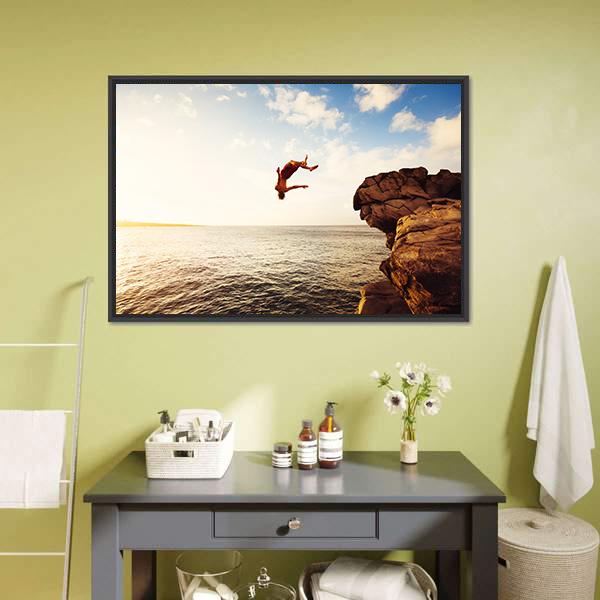 Cliff Jumping Into Ocean Panoramic Canvas Wall Art-1 Piece-36" x 12"-Tiaracle