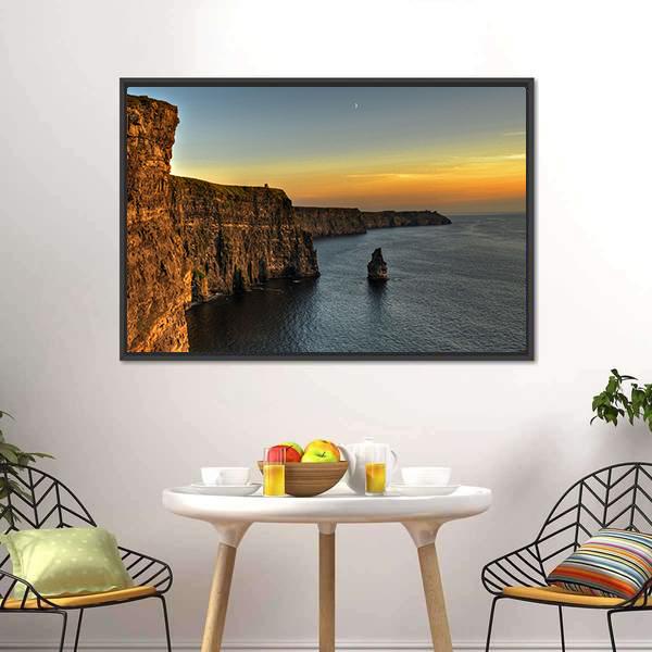 Cliffs of Moher at Sunset with Sea Stack Canvas Wall Art in brown, orange and blue, framed canvas, product view on a white background