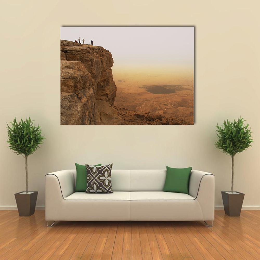 Cliff Over Ramon Crater Canvas Wall Art in beige, brown and yellow, single panel hung on a wall