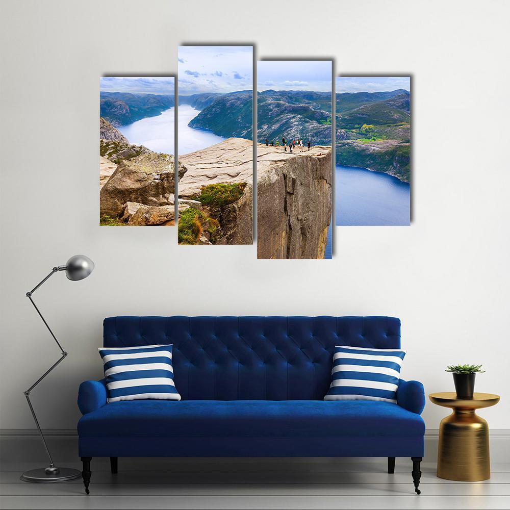 Cliff Preikestolen In Fjord Canvas Wall Art-4 Pop-Gallery Wrap-50" x 32"-Tiaracle