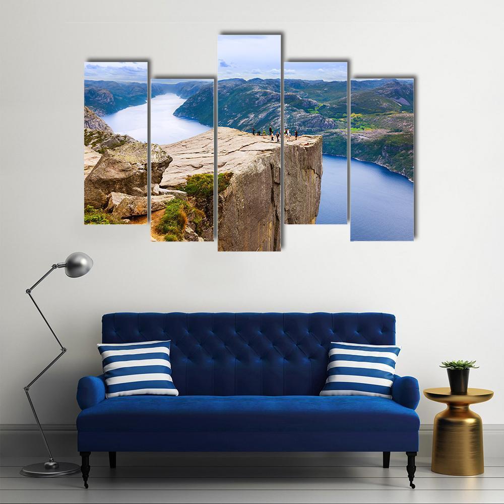 Cliff Preikestolen In Fjord Canvas Wall Art-5 Pop-Gallery Wrap-47" x 32"-Tiaracle
