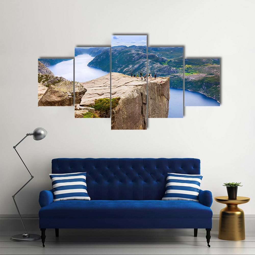 Cliff Preikestolen In Fjord Canvas Wall Art-5 Star-Gallery Wrap-62" x 32"-Tiaracle