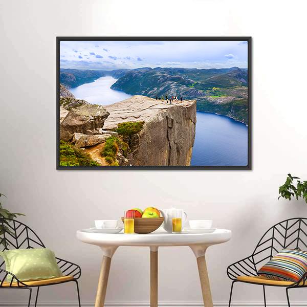 Cliff Preikestolen In Fjord Canvas Wall Art-1 Piece-Floating Frame-24" x 16"-Tiaracle