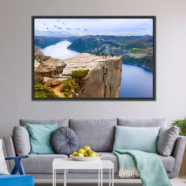 Cliff Preikestolen In Fjord Canvas Wall Art-3 Horizontal-Gallery Wrap-25" x 16"-Tiaracle
