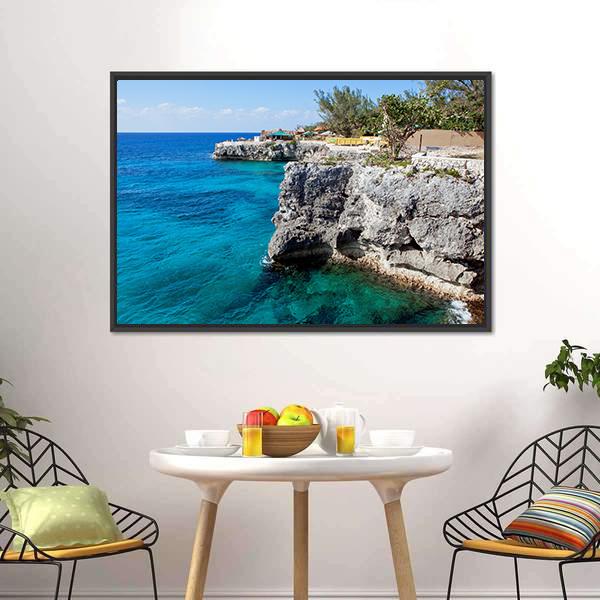 Turquoise Ocean Cliffs with Tropical Vegetation Canvas Wall Art in gray, green and blue, framed canvas, product view on a white background