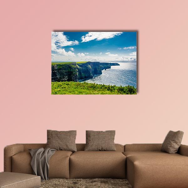 Cliffs of Moher Coastal View Canvas Wall Art in white, green and blue, single panel hung on a wall