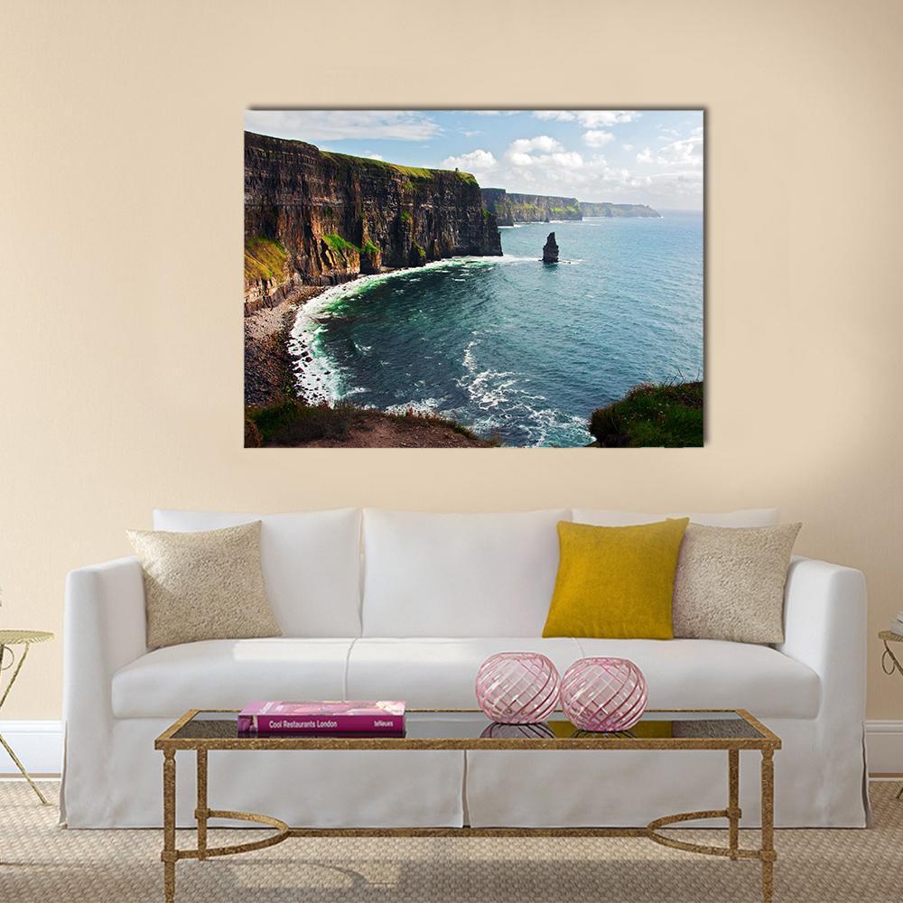 Cliffs of Moher Landscape Canvas Wall Art in brown, green and blue, single panel hung on a wall