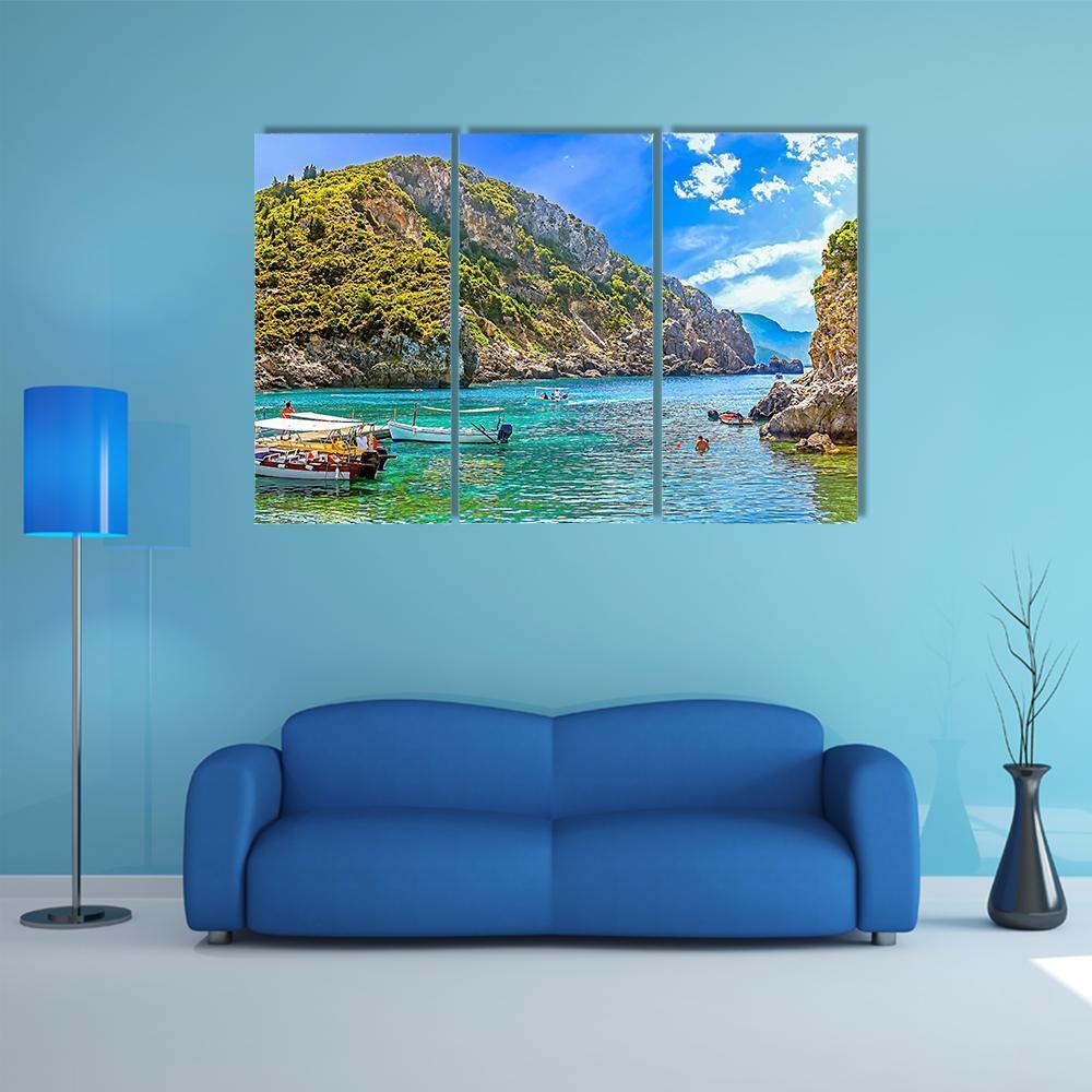 Cliffside Coastline Greek Canvas Wall Art-3 Horizontal-Gallery Wrap-37" x 24"-Tiaracle