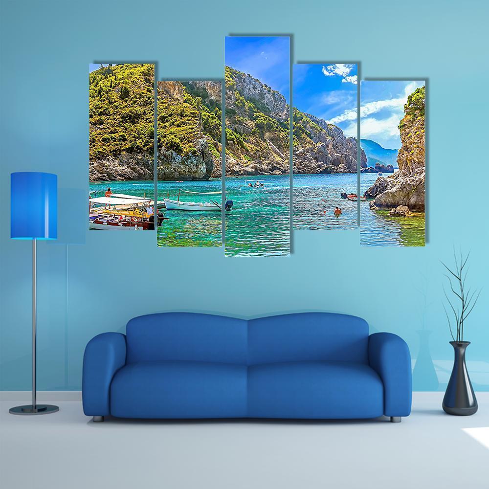 Cliffside Coastline Greek Canvas Wall Art-5 Pop-Gallery Wrap-47" x 32"-Tiaracle
