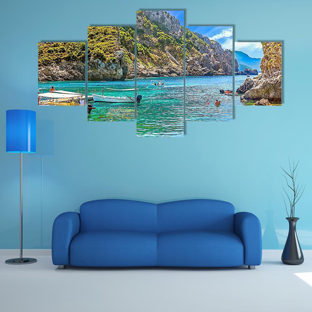 Cliffside Coastline Greek Canvas Wall Art-5 Star-Gallery Wrap-62" x 32"-Tiaracle