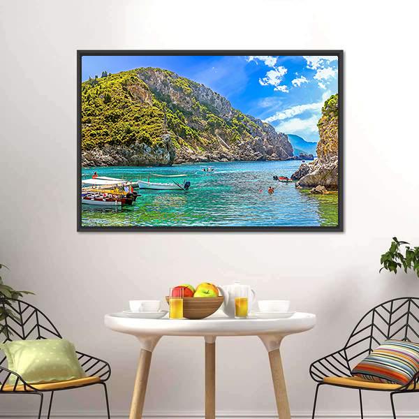 Cliffside Coastline Greek Canvas Wall Art-1 Piece-Floating Frame-24" x 16"-Tiaracle