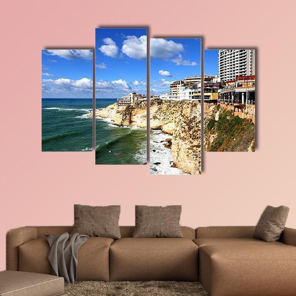 Clifftop Buildings At Raouche Canvas Wall Art-4 Pop-Gallery Wrap-50" x 32"-Tiaracle