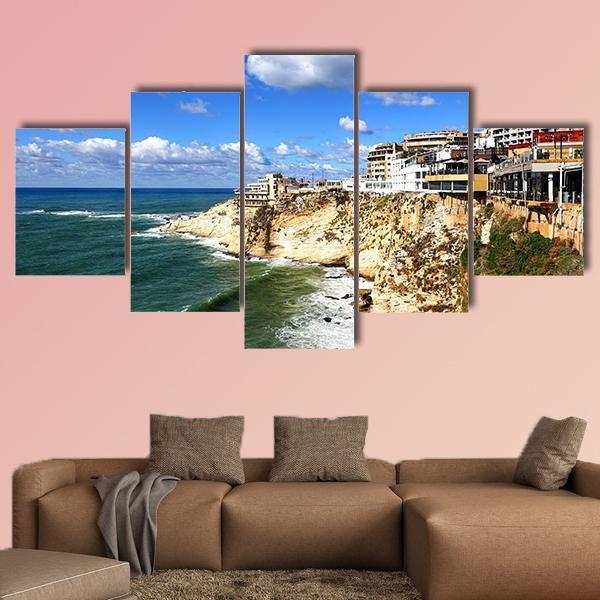 Clifftop Buildings At Raouche Canvas Wall Art-5 Star-Gallery Wrap-62" x 32"-Tiaracle