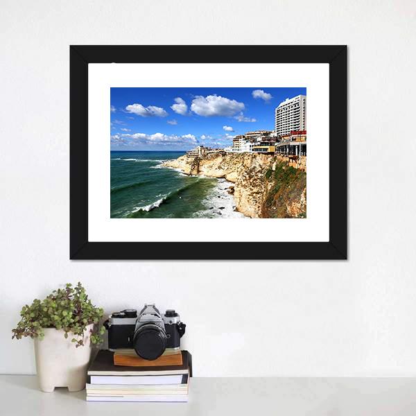 Clifftop Buildings At Raouche Canvas Wall Art-3 Horizontal-Gallery Wrap-25" x 16"-Tiaracle