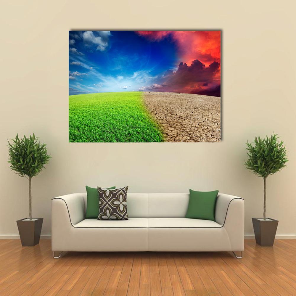 Climate Contrast: Fertile and Parched Land Canvas Wall Art in brown, green and blue, single panel hung on a wall