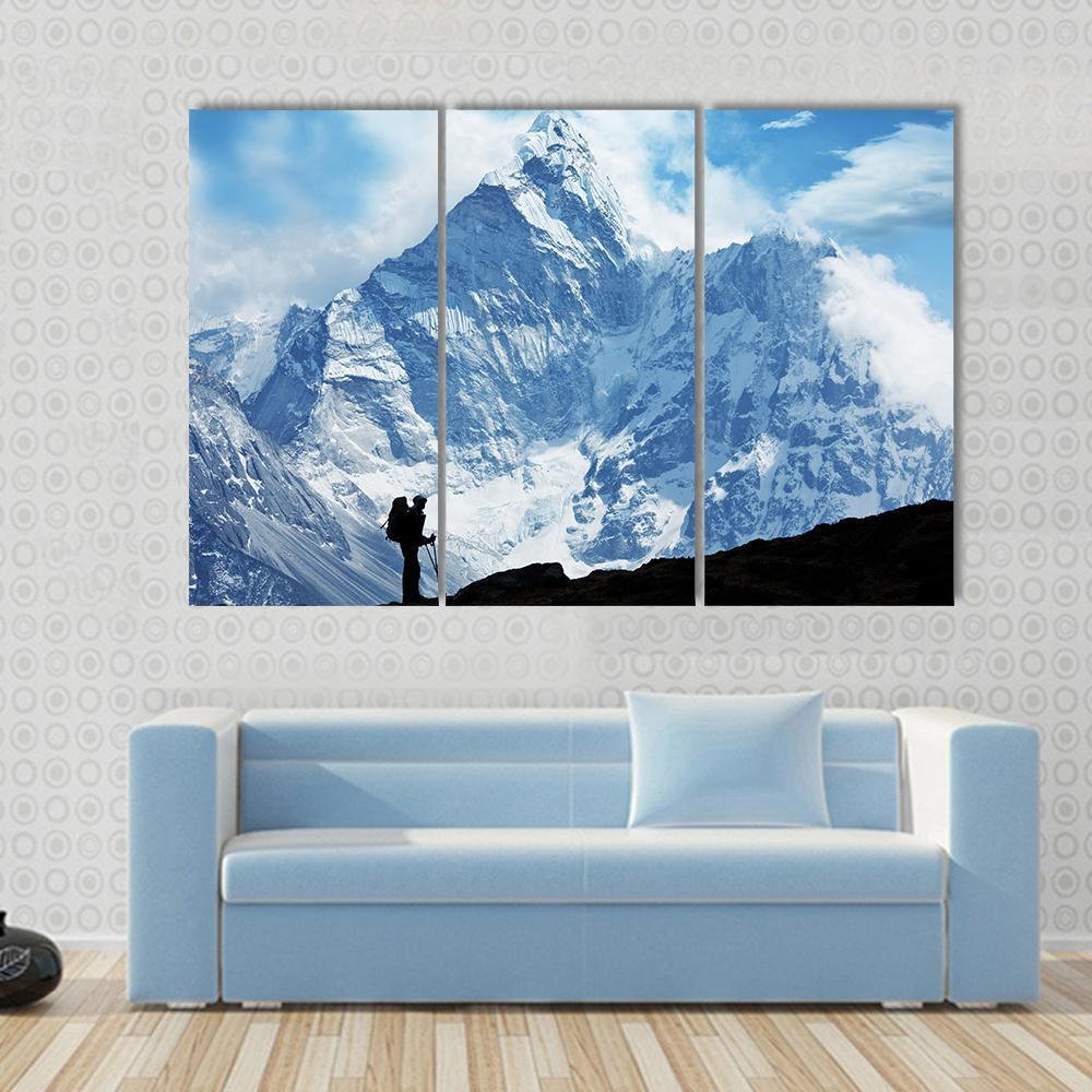 Climber on Himalaya Canvas Wall Art in black, white and blue, single panel hung on a wall