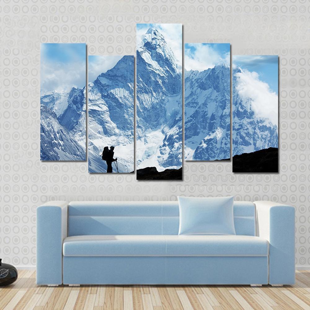 Climber on Himalaya Canvas Wall Art in black, white and blue, single panel hung on a wall