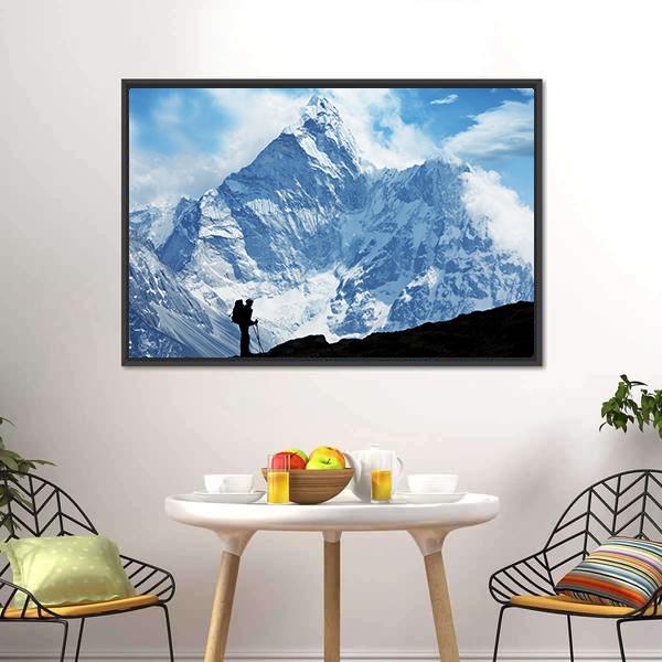 Climber on Himalaya Canvas Wall Art in black, white and blue, single panel hung on a wall
