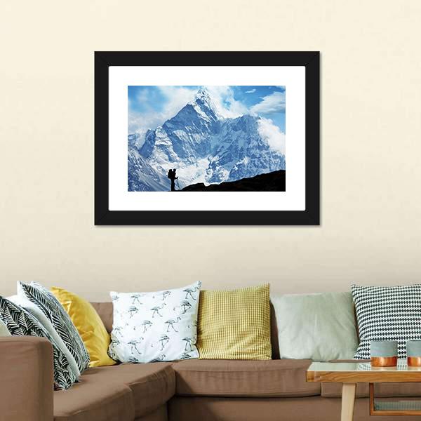 Climber on Himalaya Canvas Wall Art in black, white and blue, single panel hung on a wall