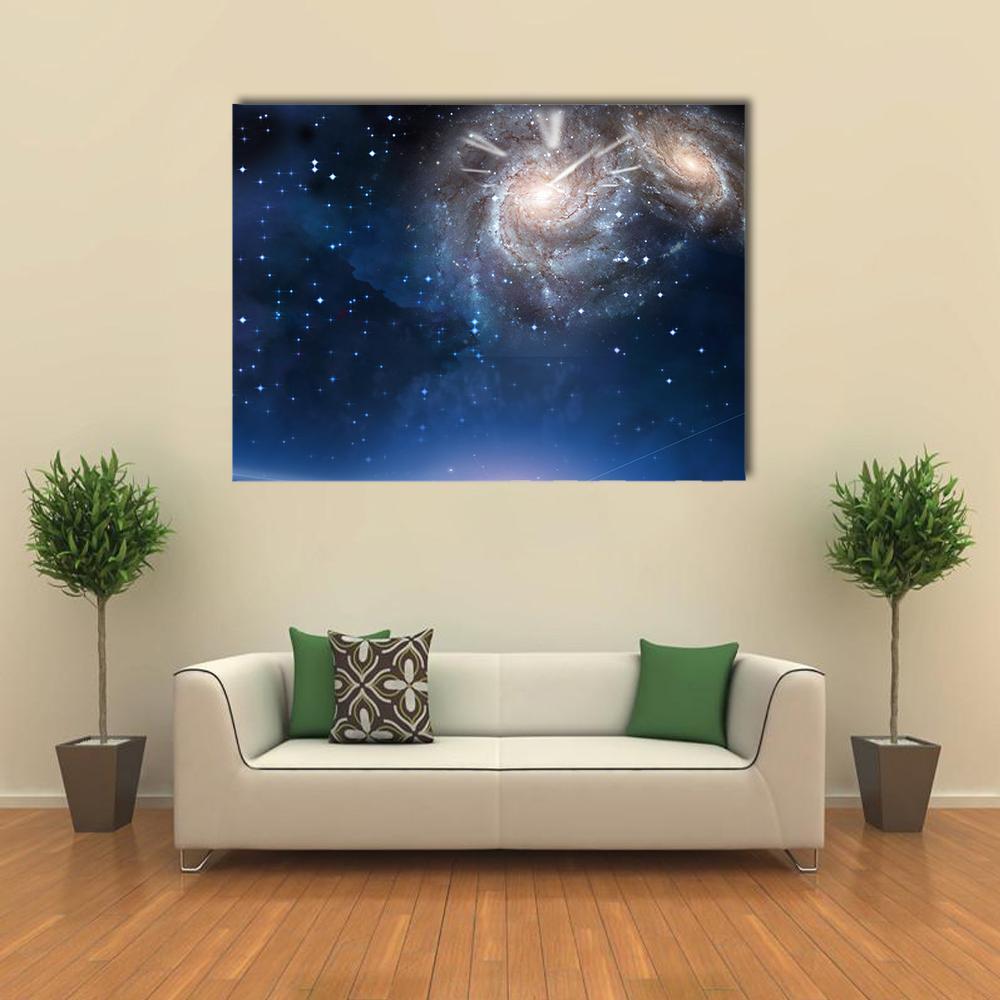 Clock with Merging Spiral Galaxies Canvas Wall Art in black, white and blue, single panel hung on a wall