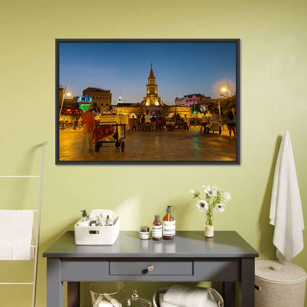 Clock Tower Gate At Night Canvas Wall Art-3 Horizontal-Gallery Wrap-25" x 16"-Tiaracle