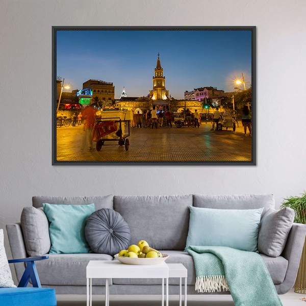Clock Tower Gate At Night Canvas Wall Art-3 Horizontal-Gallery Wrap-25" x 16"-Tiaracle