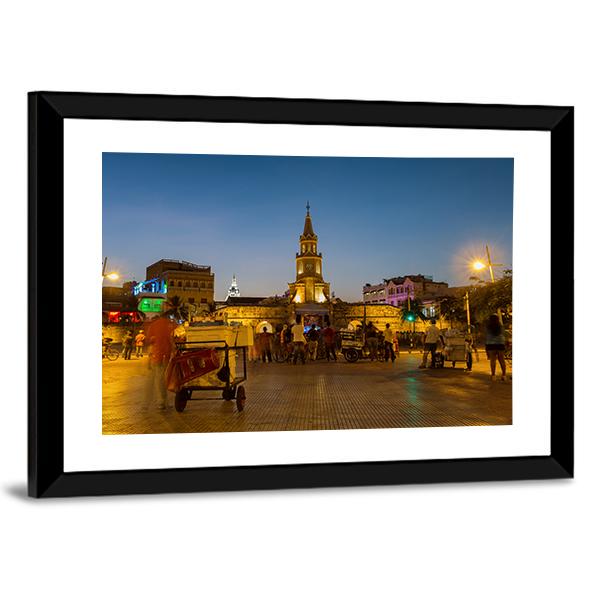Clock Tower Gate At Night Canvas Wall Art-3 Horizontal-Gallery Wrap-25" x 16"-Tiaracle