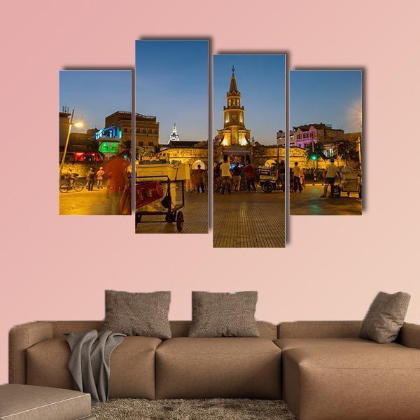 Clock Tower Gate At Night Canvas Wall Art-4 Pop-Gallery Wrap-50" x 32"-Tiaracle