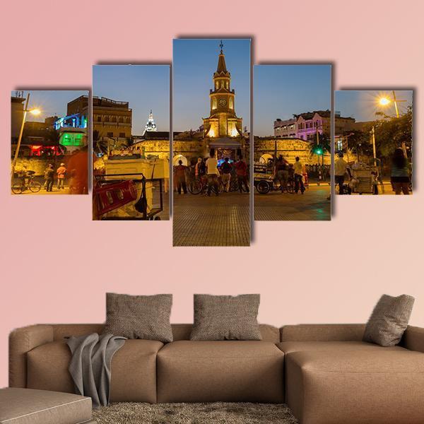 Clock Tower Gate At Night Canvas Wall Art-5 Star-Gallery Wrap-62" x 32"-Tiaracle