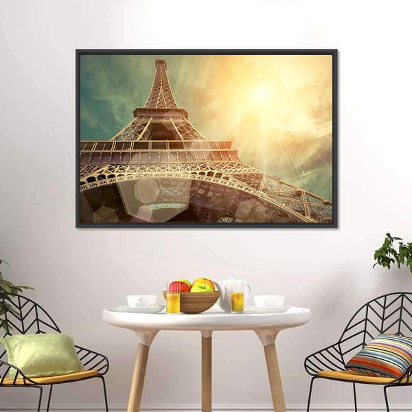 Close Up Eiffel Tower Canvas Wall Art in brown, gold and yellow, framed canvas, product view on a white background