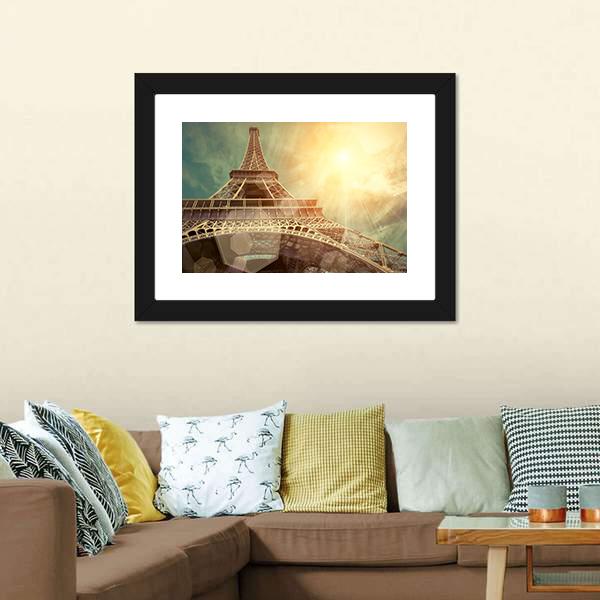 Close Up Eiffel Tower Canvas Wall Art in brown, gold and yellow, framed print, product view on a white background