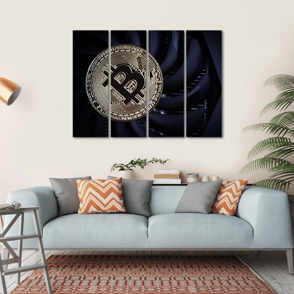 Close-up Bitcoin Coin Canvas Wall Art in black and gold, hung on a wall