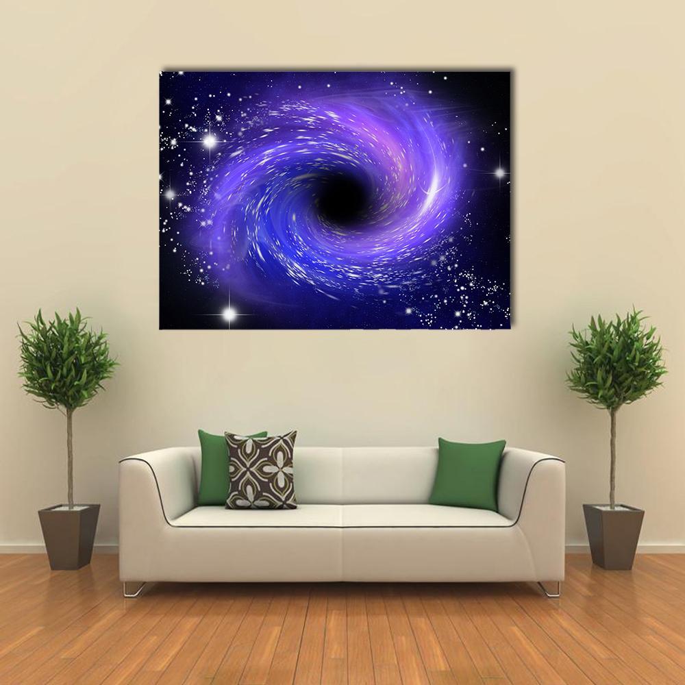 Close-up Black Hole in Purple Nebula Canvas Wall Art in black, blue and purple, single panel hung on a wall