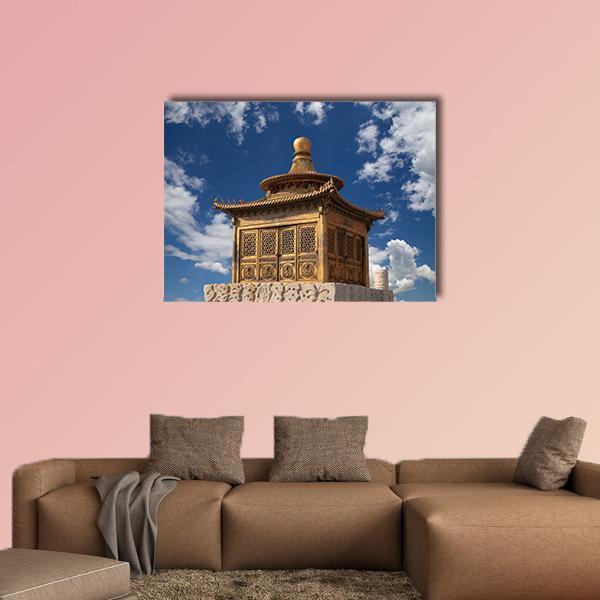 Chinese Imperial Palace, Beijing Canvas Wall Art in white, gold and blue, single panel hung on a wall