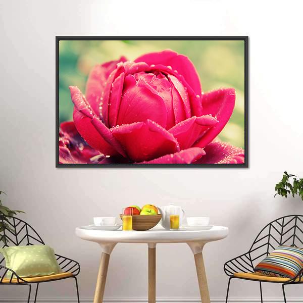 Close Up of Flower Canvas Wall Art in red, green and pink, framed canvas, product view on a white background