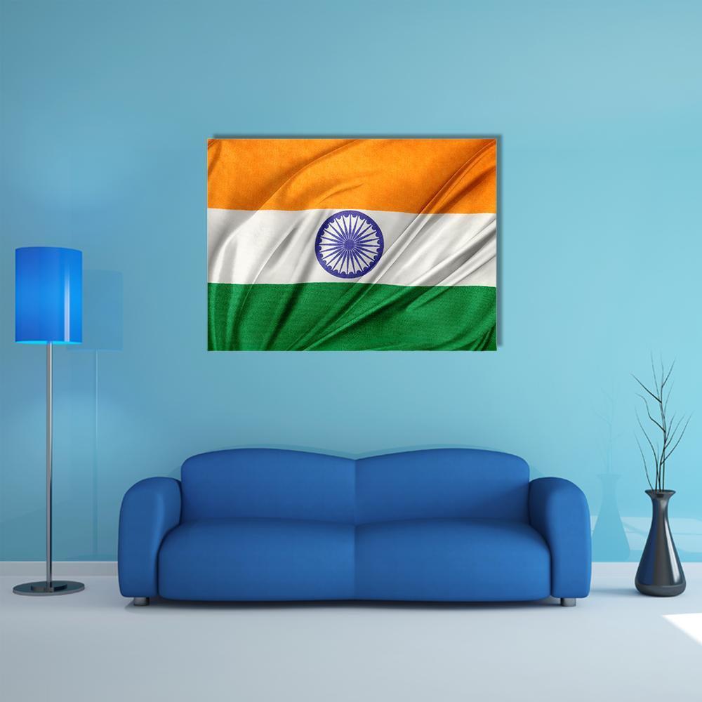 Indian Flag Close-up Canvas Wall Art in white, orange and green, single panel hung on a wall