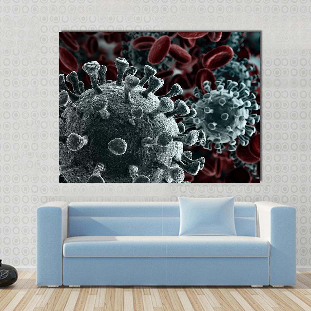 Coronavirus Particles with Red Blood Cells Canvas Wall Art in black, gray and red, single panel hung on a wall
