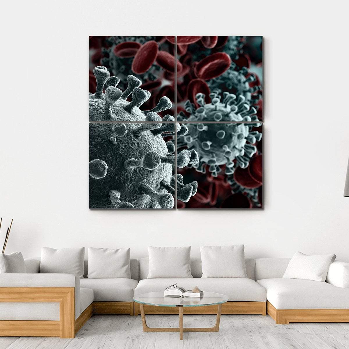 Coronavirus Particles with Red Blood Cells Canvas Wall Art in black, gray and red, hung on a wall
