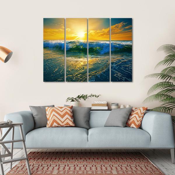 Ocean Waves At Sunrise Canvas Wall Art-4 Horizontal-Gallery Wrap-34" x 24"-Tiaracle
