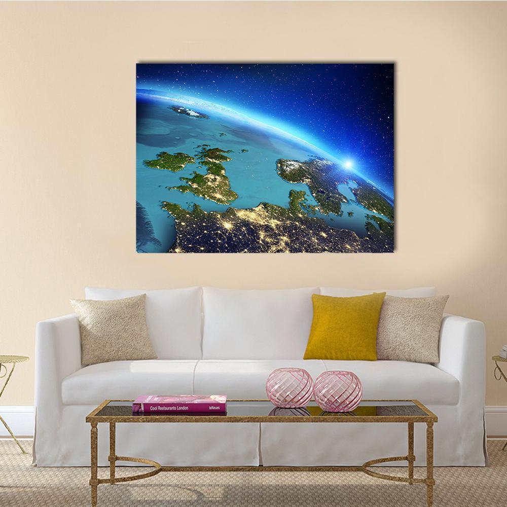 Earth Close-up Over Europe at Sunrise Canvas Wall Art in black, yellow and blue, single panel hung on a wall