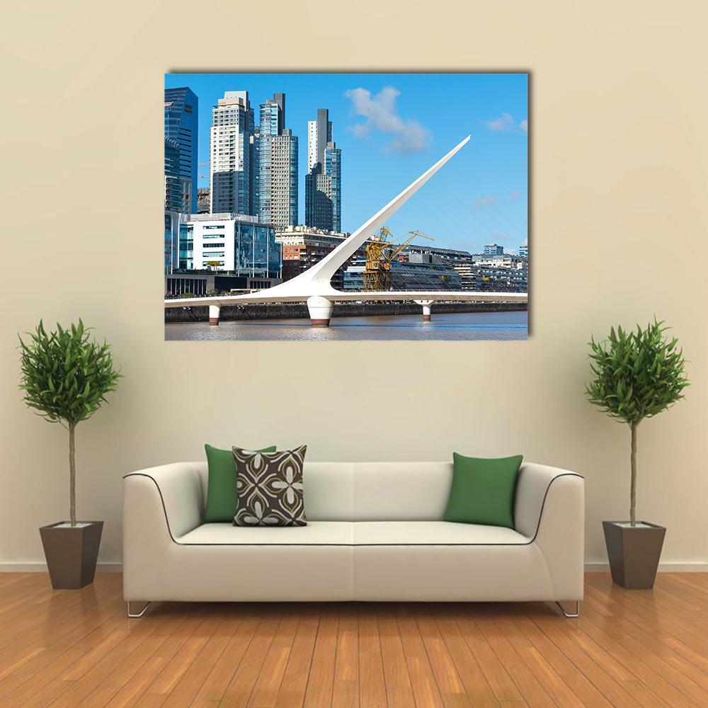 Puerto Madero Close-up with White Bridge Canvas Wall Art in white, gray and blue, single panel hung on a wall