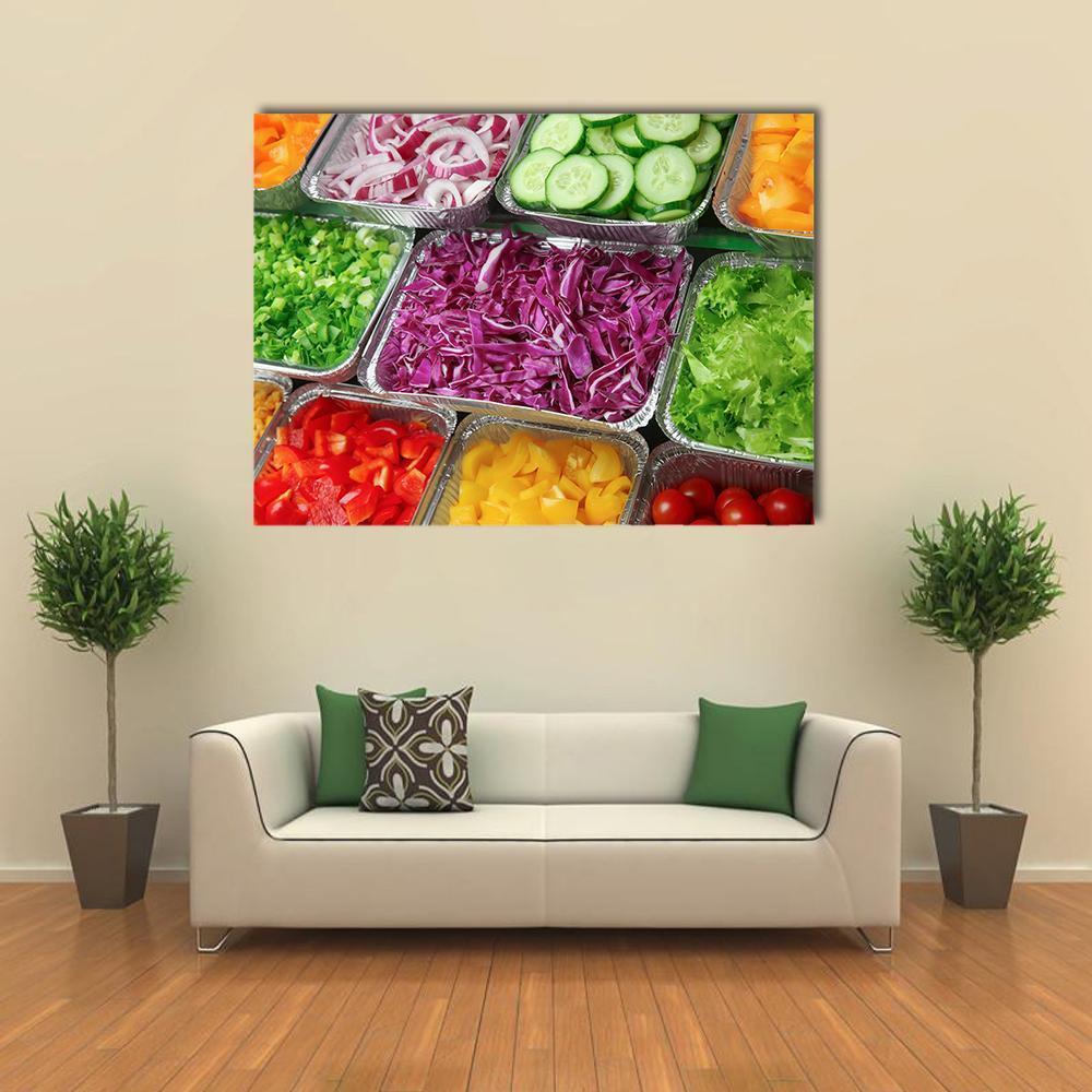 Colorful Salad Bar Close-up Canvas Wall Art in green, purple and multicolor, single panel hung on a wall