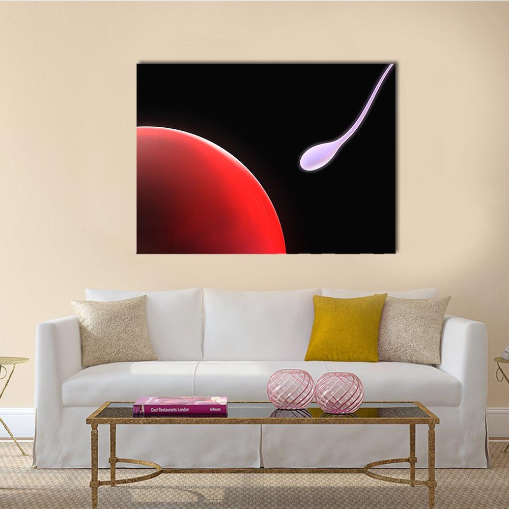Glowing Sperm and Egg Study Canvas Wall Art in black, red and pink, single panel hung on a wall