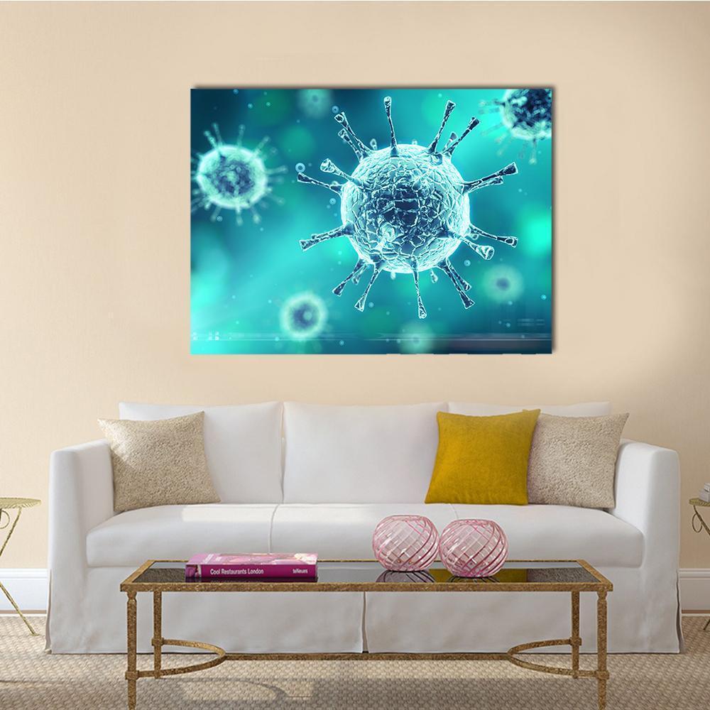 Microscopic Viral Particle Close-up Canvas Wall Art in green and blue, single panel hung on a wall
